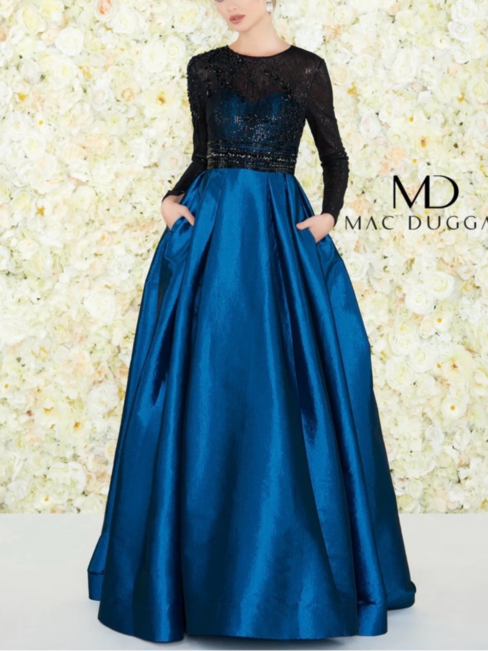 Mac Duggal Blue/ Black Long Sleeve Ball Gown